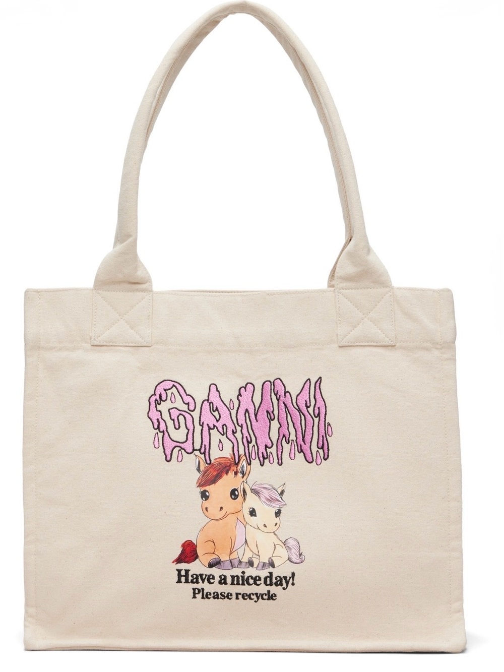 NWT GANNI Beige Pony Printed Large Cotton Tote Bag